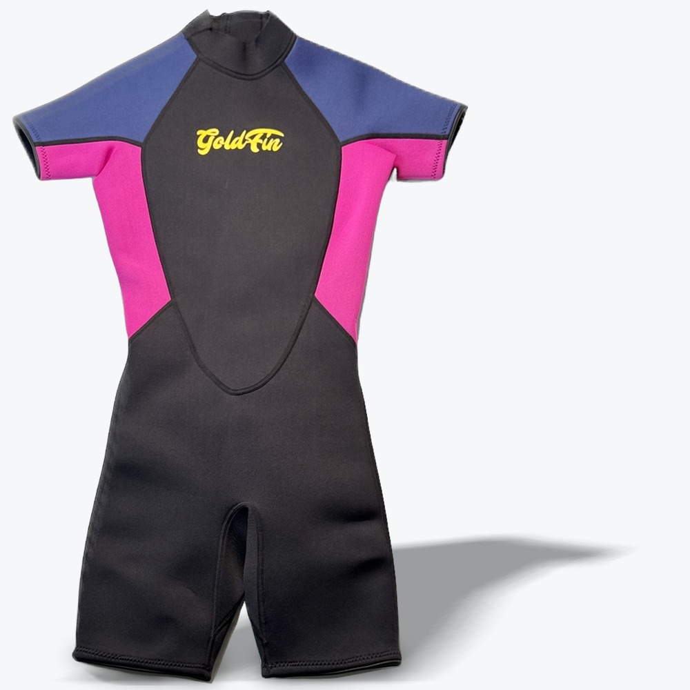GoldFin Womens Shorty Wetsuit Small Black Pink Blue Neoprene Front Zip Surf Swim